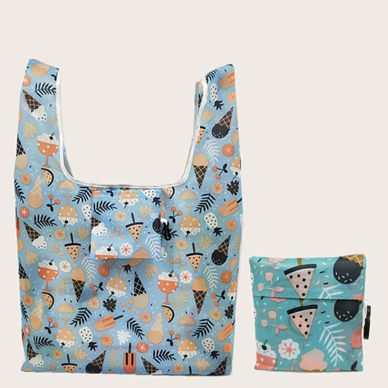 Foldable Shopping Bag, 1 Count Cartoon Print Portable Reusable Grocery Bag, Household Storage Organizer Carrier Bag