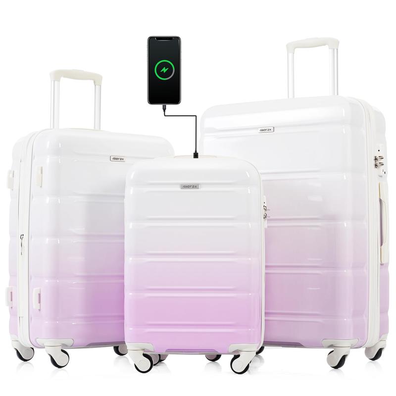 Merax Luggage 3 Piece Sets,Hardside Suitcases with  USB Charge Port Spinner Wheels Lightweight TSA Lock, (20''24''28'' , Multicolor Purple)