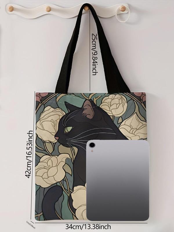 Cartoon Cat & Floral Pattern Tote Bag, Casual Shoulder Bag for Women & Girls, Vintage All-match Bag for Daily Life & Work