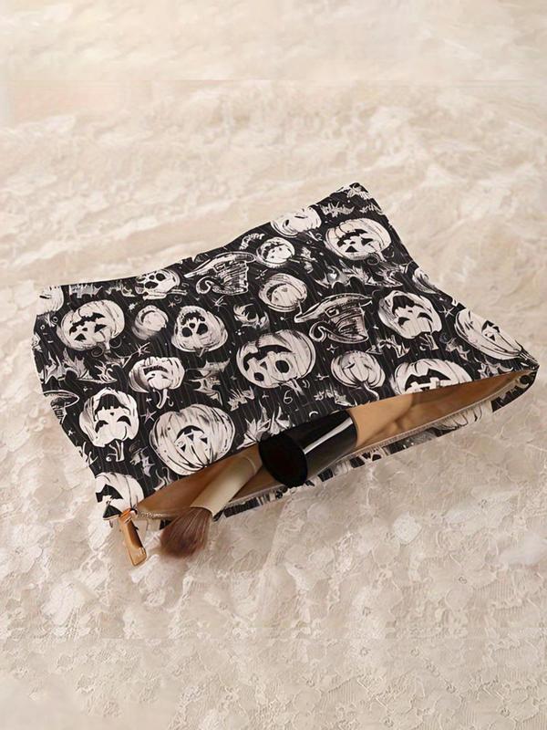 Pumpkin Pattern Makeup Bag, Casual Fashion Multi-functional Storage Bag, Halloween Themed Travel Makeup Bag, Suitable for Women & All Kinds Of Occasions