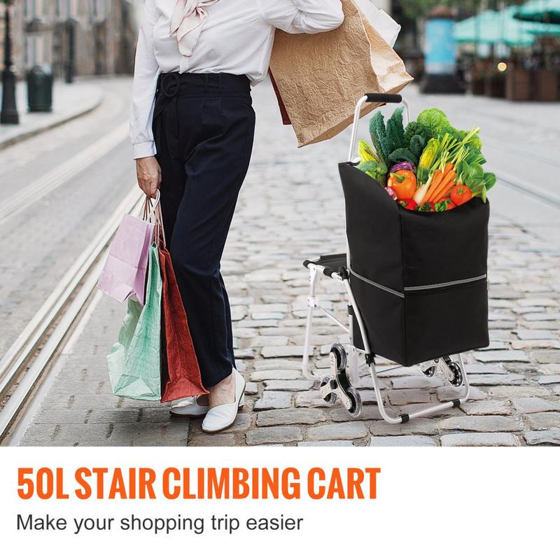 Stair Climbing Cart 50L Foldable Shopping Cart w  Waterproof Bag & Seat