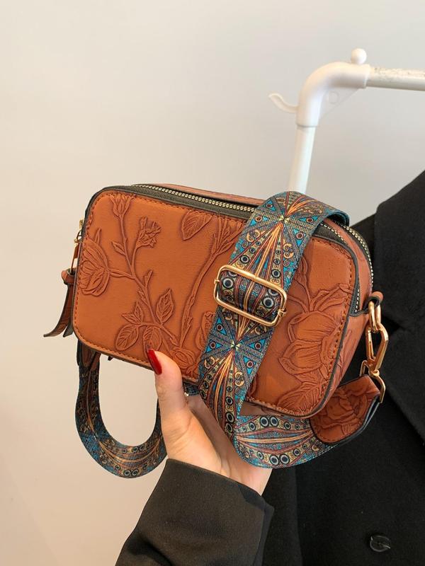 Women's Boho Floral Pattern Crossbody Bag, Summer Fashionable Pu Leather Zipper Shoulder Bag, Vintage Ethnic Pattern Strap Crossbody Bag for Daily Used Gift, Fall Outfits, Fall Freshness,  Crossbody Purses 2024