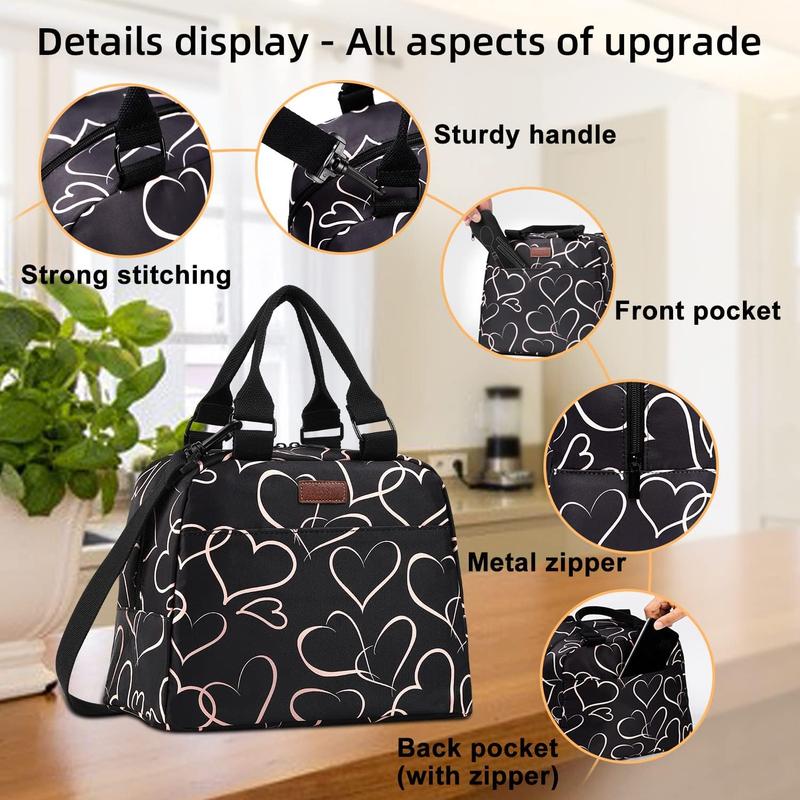 Insulated Lunch Bag for Women,Reusable Lunch Tote with Adjustable Shoulder Belt,Cute Love Heart Portable Lunch Box Cooler Bag, for Adult Girls Travel Picnic,Office,Working -Rose Gold