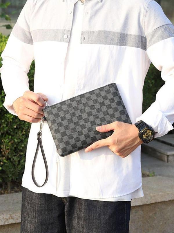 Men's Checkerboard Pattern Zip Wristlet Bag, Basic Simple Square Bag, Casual Business Gift