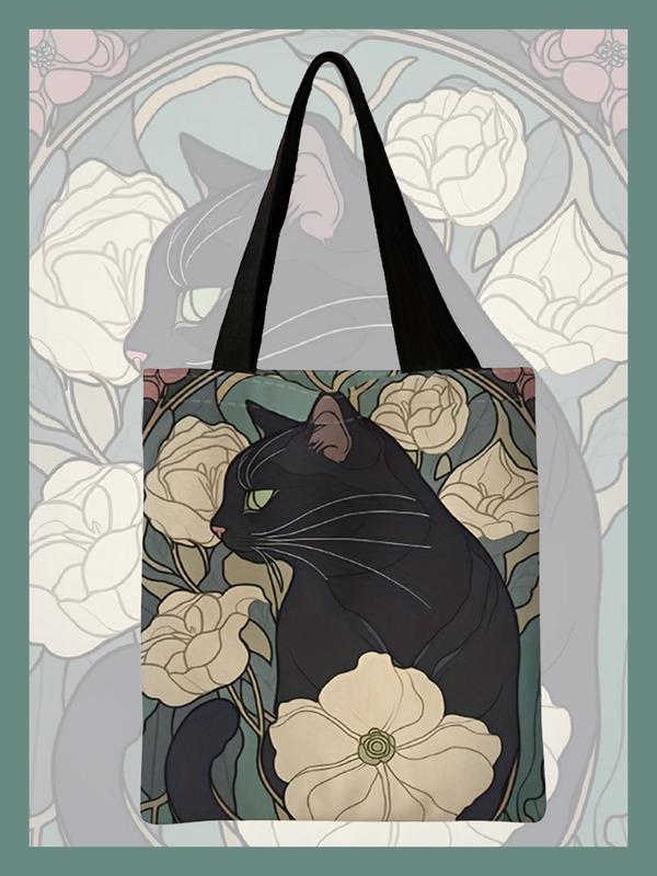 Cartoon Cat & Floral Pattern Tote Bag, Casual Shoulder Bag for Women & Girls, Vintage All-match Bag for Daily Life & Work