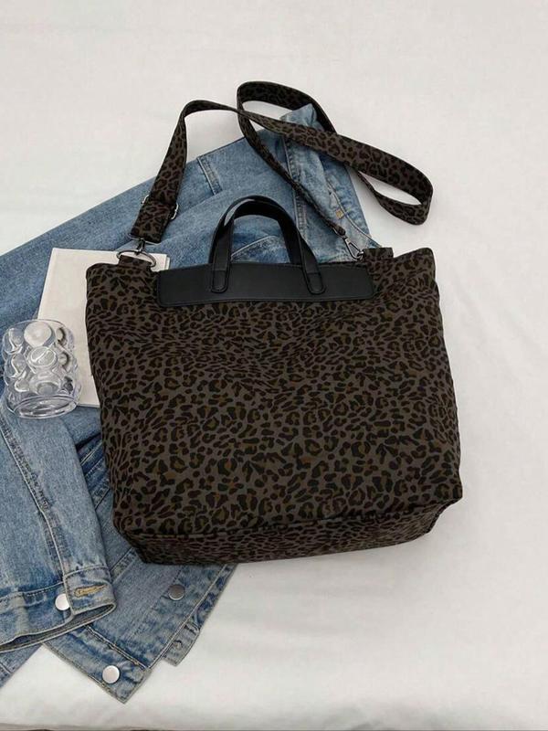 Women's Fashion Leopard Print Tote Bag, Casual Versatile Zipper Shoulder Bag for Daily Used, Trendy All-match Bag for Commuters and Students