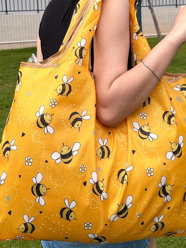 Cute Summer Cartoon Bee Pattern Shopping Bag, Large Capacity Portable Foldable Shoulder Bag for Women