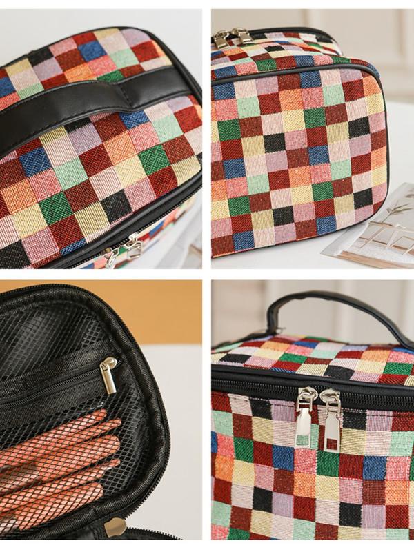 Women's Cute Plaid Pattern Makeup Bag, Minimalist Portable Cosmetic Storage Bag, Trendy Large Capacity Travel Makeup Bag for Women & Girls