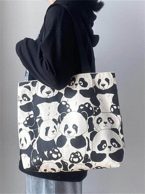 Cute Panda Pattern Canvas Tote Bag, Fashionable Casual Zipper Shoulder Bag for Women & Girls, Trendy All-match Bag for Daily Use Birthday Gift