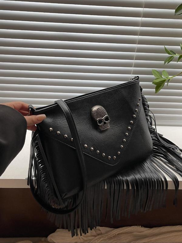 Women's Fashion Rivet & Tassel Decorated Crossbody Bag, Casual Skull Decor Crossbody Bag for Daily Used, Trendy Versatile High-quality Daily Commuting Bag