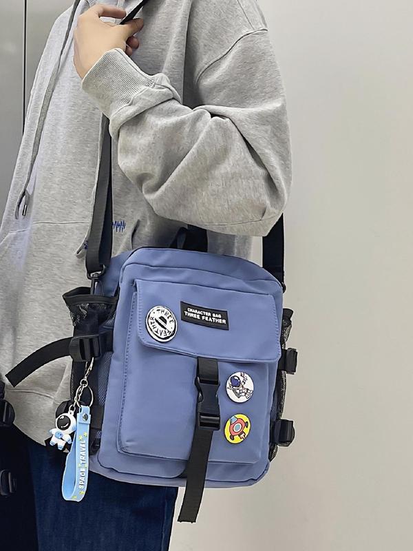 Unisex Casual Plain Letter Patched Square Crossbody Bag with Badge & Astronaut Charm, Fashionable Sportive Release Buckle Crossbody Bag, Trendy Shoulder Bag for Daily Use