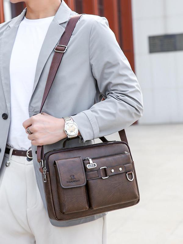 Men's Casual Solid Color Zipper Crossbody Bag, Business Style PU Leather Shoulder Bag for Work & Daily Used, Casual Trendy Versatile High-quality Daily Commuting Bag