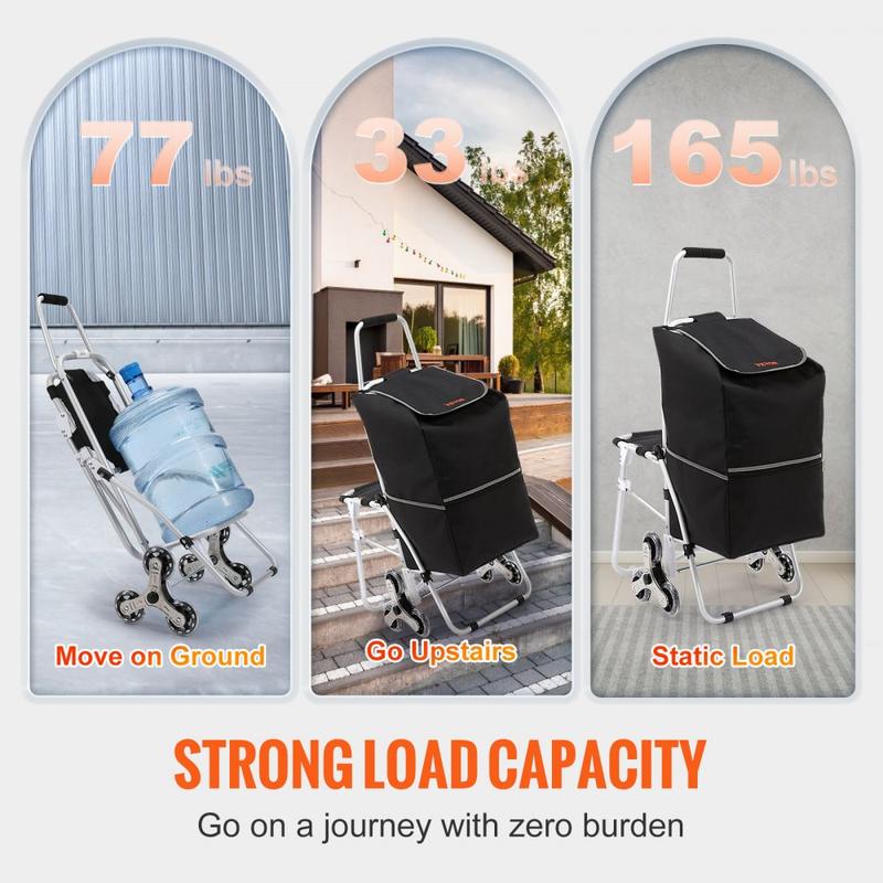 Stair Climbing Cart 50L Foldable Shopping Cart w  Waterproof Bag & Seat