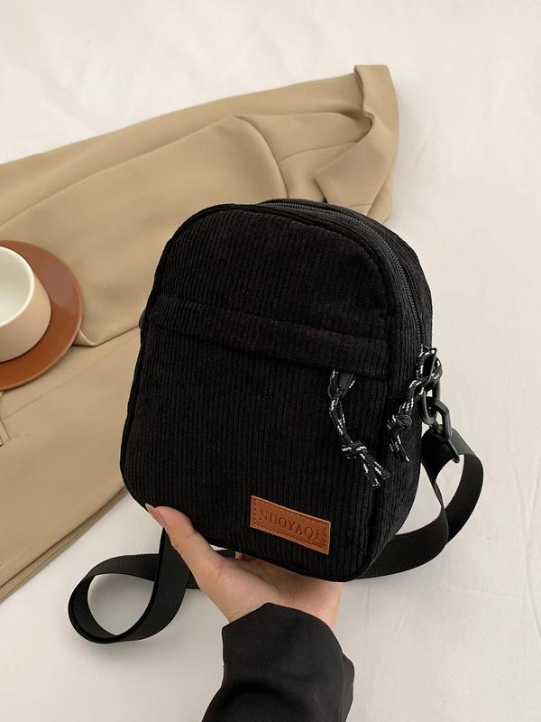 Casual Letter Label Decorated Corduroy Crossbody Bag, Simple Plain Color Zipper Shoulder Bag for Work & School, Casual Trendy Versatile High-quality Daily Commuting Bag, Girl Fashion Shopping Bag