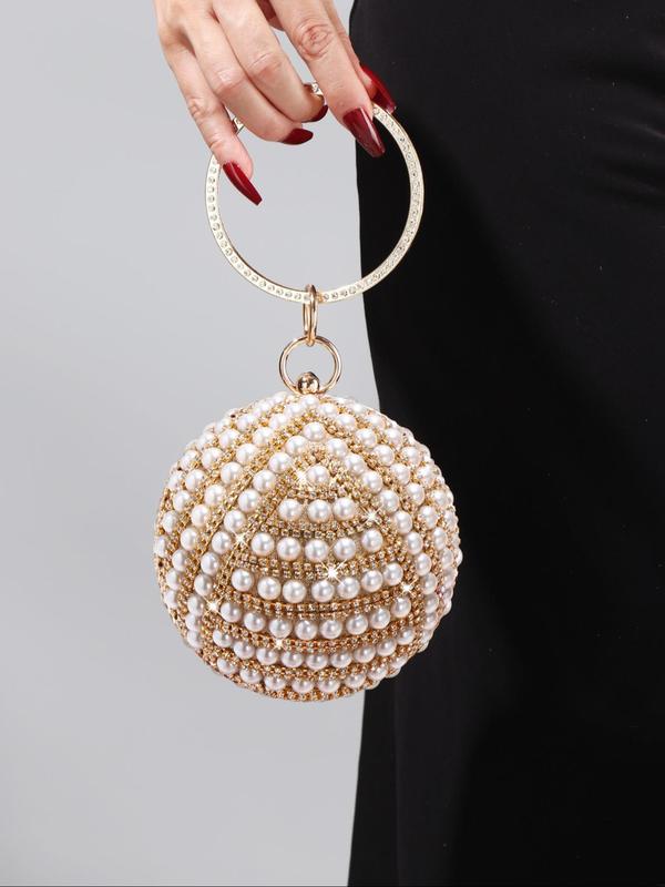 Women's Elegant Faux Pearl & Rhinestone Decorated Sphere Evening Bag, Exquisite Trendy Round Top Handle Handbag, Fashionable Bag for Party Decoration