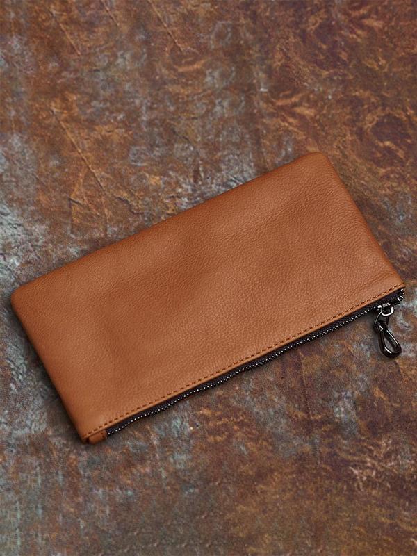 Men's Genuine Leather Clutch Bag, Plain Color Zipper Clutches, Large Capacity Mobile Phone Bag, Casual Trendy Versatile High-quality Daily Commuting Bag