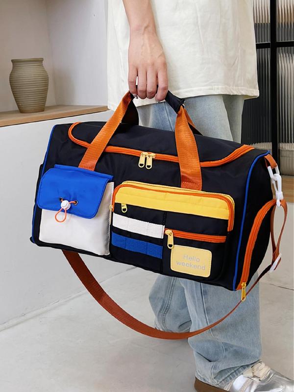 Colorblock Travel Bag, Casual Lightweight Zipper Shoulder Bag with Shoe Compartment, Fashionable Crossbody Bag for Men & Women