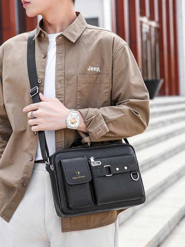 Men's Casual Solid Color Zipper Crossbody Bag, Business Style PU Leather Shoulder Bag for Work & Daily Used, Casual Trendy Versatile High-quality Daily Commuting Bag