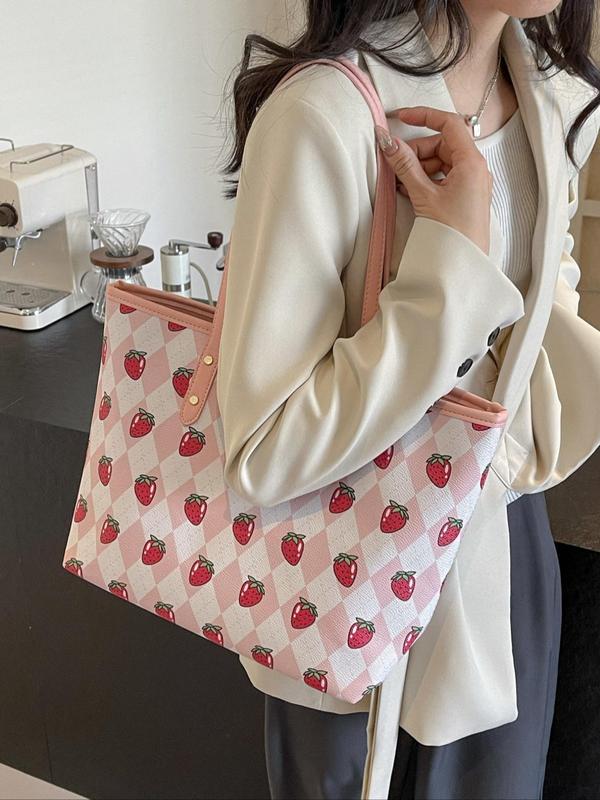 Strawberry Pattern Tote Bag, Large Capacity Shoulder Bag for Women & Girls, Pu Leather Daily Commuting Bag, Girl Fashionable Shopping Bag