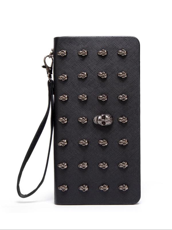 Women's Fashionable Skull Design Long Wallet, Casual Pu Leather Zipper Wallet with Security Pocket & Lanyard for Daily Used, Trendy Versatile High-quality Daily Wallet for Women