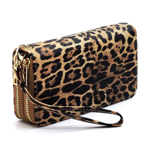 Fashion World Leopard Double Zip Around Wallet Wristlet