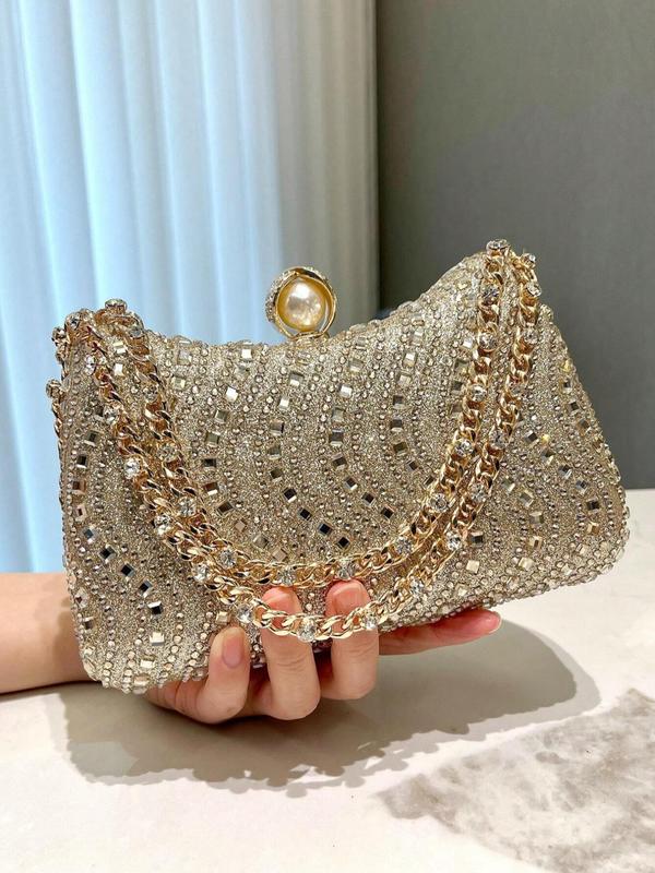 Women's Elegant Rhinestone Decorated Evening Bag, Exquisite Chain Strap Clutch Bag, Trendy Handbag for Party Decoration