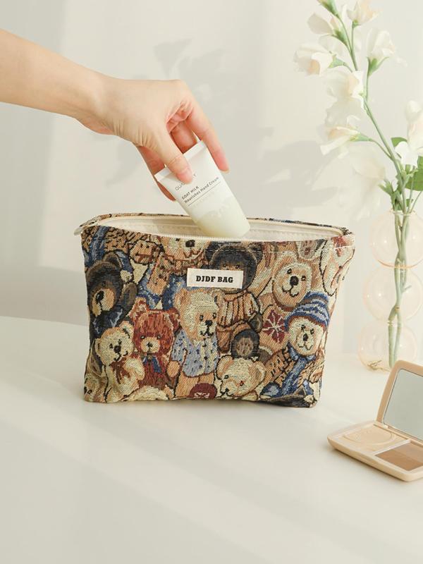 Cute Bear Pattern Makeup Bag, Large Capacity Cosmetic Storage Bag, Zipper Patched Design Makeup Organizer Pouch, Versatile Storage Bag for Travel & Daily Use