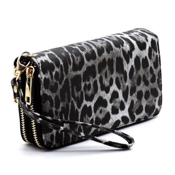 Fashion World Leopard Double Zip Around Wallet Wristlet