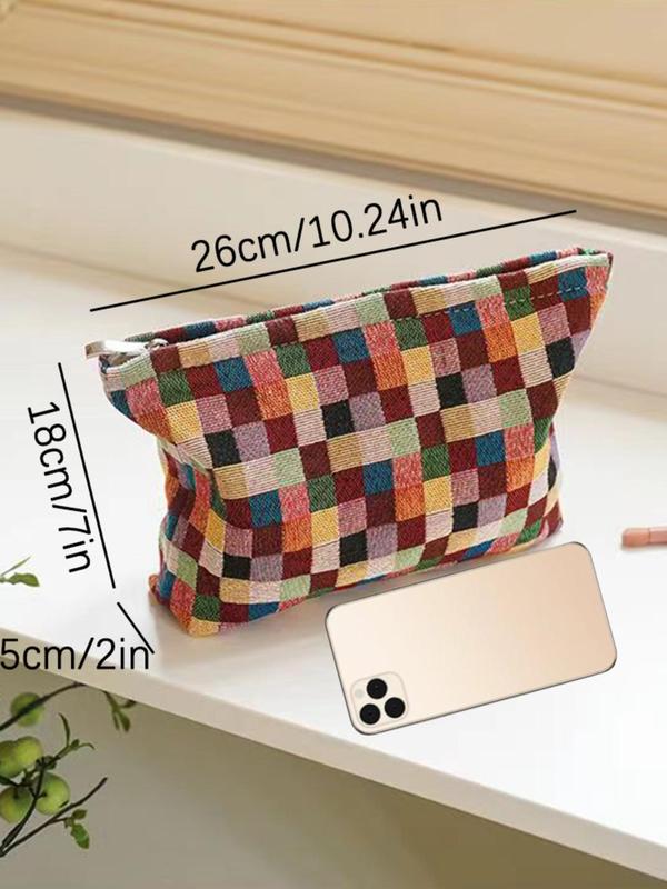 Women's Cute Plaid Pattern Makeup Bag, Minimalist Portable Cosmetic Storage Bag, Trendy Large Capacity Travel Makeup Bag for Women & Girls