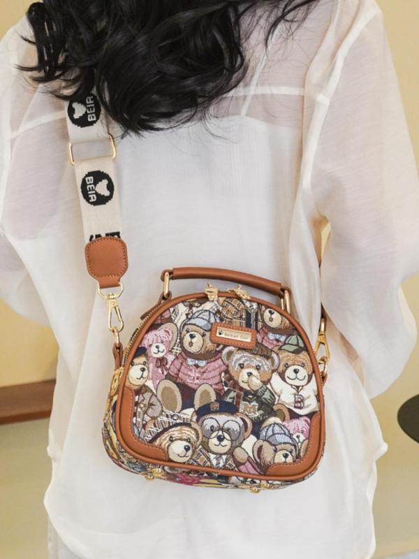 Women's Cute Cartoon Bear Pattern Crossbody Bag with Letters Pattern Strap,  Trendy Zipper Handbag for Daily Use, Casual Versatile Work Bag for Women & Girls