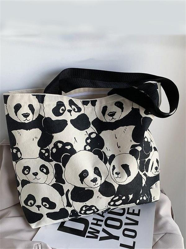 Cute Panda Pattern Canvas Tote Bag, Fashionable Casual Zipper Shoulder Bag for Women & Girls, Trendy All-match Bag for Daily Use Birthday Gift