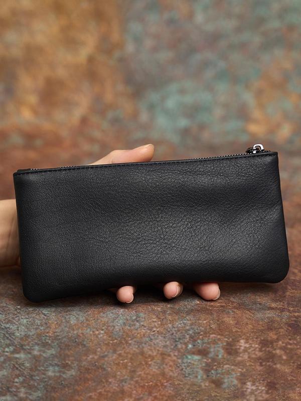 Men's Genuine Leather Clutch Bag, Plain Color Zipper Clutches, Large Capacity Mobile Phone Bag, Casual Trendy Versatile High-quality Daily Commuting Bag