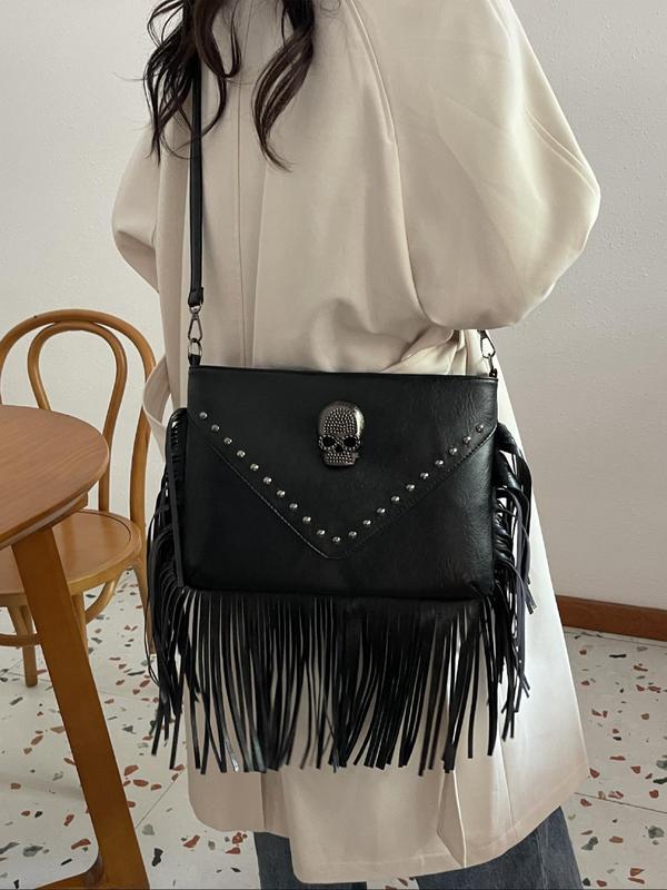 Women's Fashion Rivet & Tassel Decorated Crossbody Bag, Casual Skull Decor Crossbody Bag for Daily Used, Trendy Versatile High-quality Daily Commuting Bag