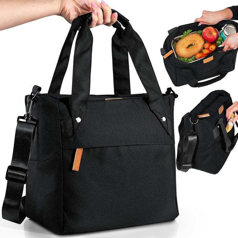 Extra Spacious Insulated Lunch Bag for Women, Black, 10.5 L, BPA-Free, BioCote, Stylish & Functional