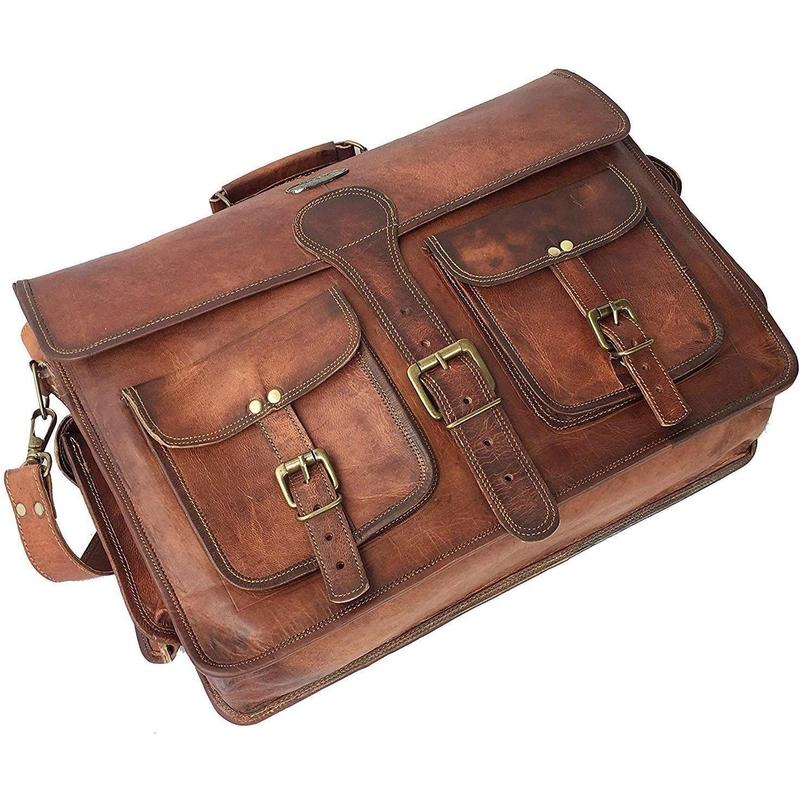 Leather Messenger Bag for Men, 18 Inch Laptop Bag, Crossbody Bag Men, Vintage Handmade Leather Satchel Bag Men, Full Grain Business Briefcase Shoulder Bag for Office Work Travel - Dark Brown