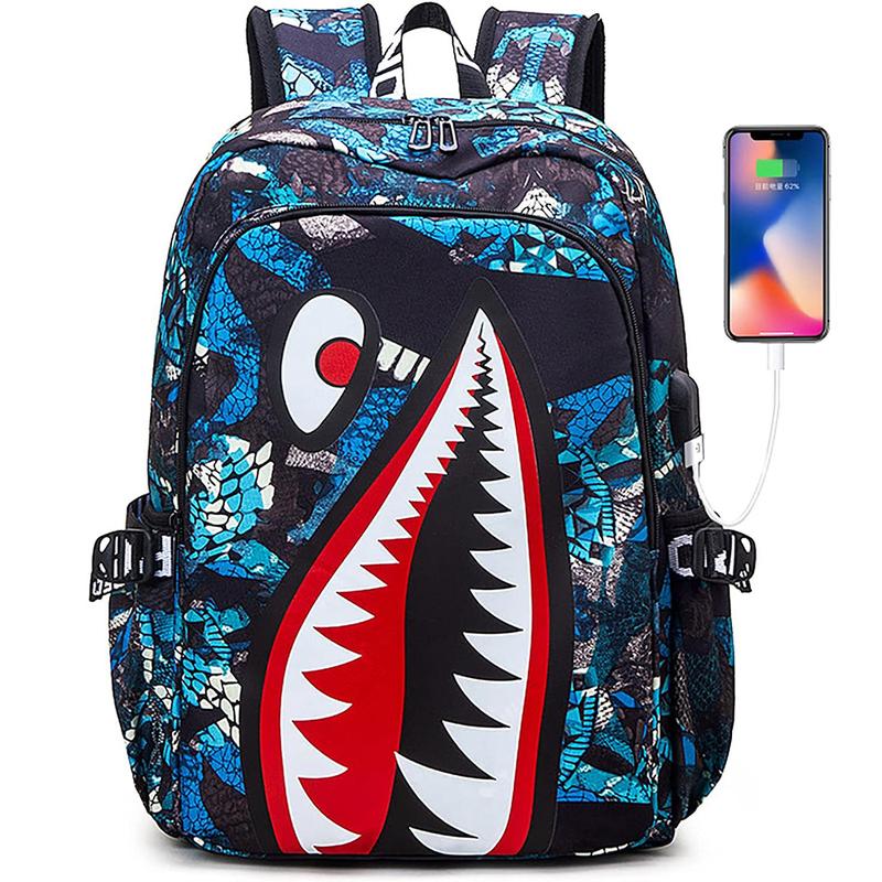 Waterproof Backpack Shark USB Laptop Backpack,Cartoon Shoulder Bag Casual Shark Daypack Backpacks for Boys Girls Teens Adults