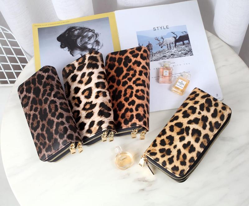 Leopard Print Wallets for Women Large Capacity 2 Zipper Cheetah Wallet Ladies Purse Credit Card Holder (Brown)