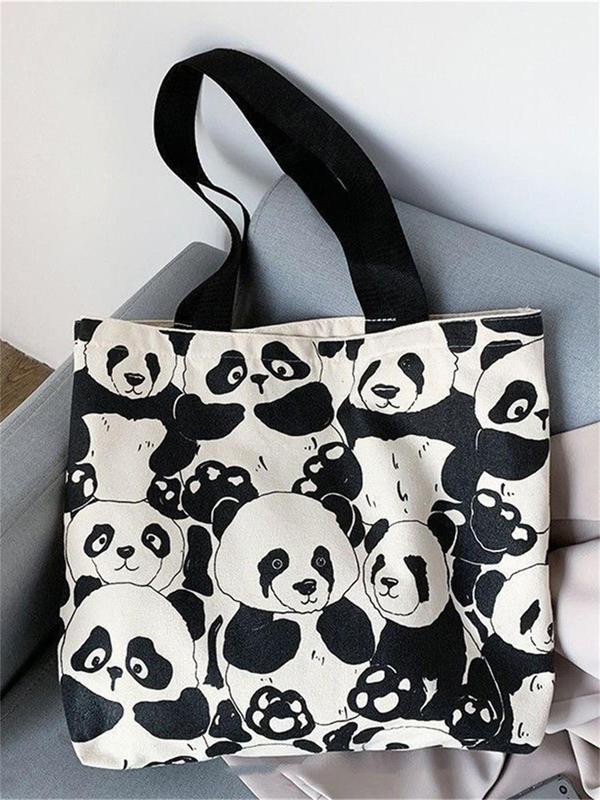 Cute Panda Pattern Canvas Tote Bag, Fashionable Casual Zipper Shoulder Bag for Women & Girls, Trendy All-match Bag for Daily Use Birthday Gift