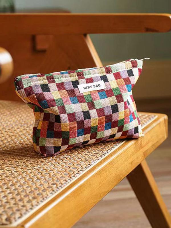 Women's Cute Plaid Pattern Makeup Bag, Minimalist Portable Cosmetic Storage Bag, Trendy Large Capacity Travel Makeup Bag for Women & Girls