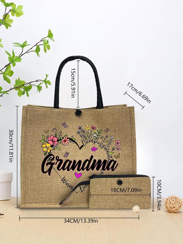 Floral & Letter Pattern Grandma Tote Bag with Long Wallet, Fashionable Shopping Bag Set, Casual Trendy Versatile High-quality Daily Commuting Bag Set