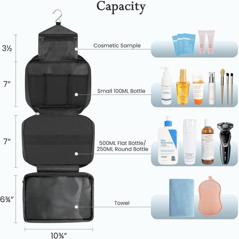 Toiletry Bag for Men & Women | Large for Traveling | Hanging Compact Hygiene Bag with 4 Compartments | Waterproof Bathroom Shower Bag (Black)