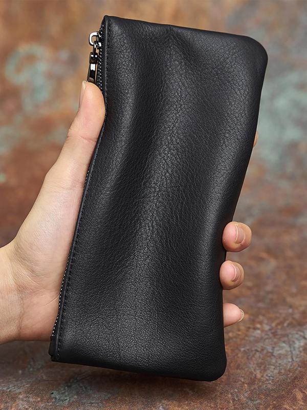 Men's Genuine Leather Clutch Bag, Plain Color Zipper Clutches, Large Capacity Mobile Phone Bag, Casual Trendy Versatile High-quality Daily Commuting Bag