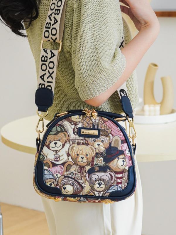 Women's Cute Cartoon Bear Pattern Crossbody Bag with Letters Pattern Strap,  Trendy Zipper Handbag for Daily Use, Casual Versatile Work Bag for Women & Girls