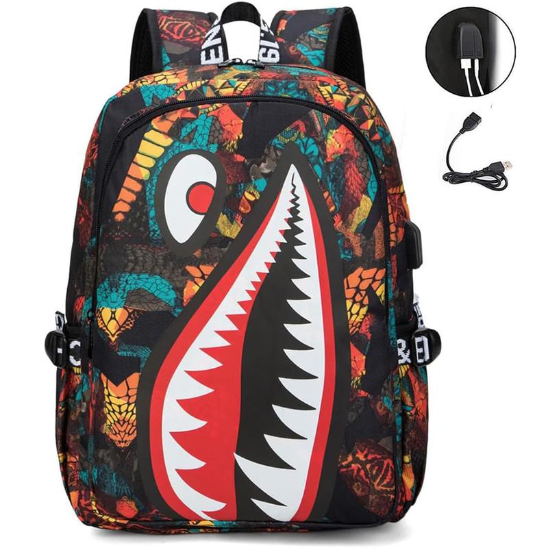 Waterproof Backpack Shark USB Laptop Backpack,Cartoon Shoulder Bag Casual Shark Daypack Backpacks for Boys Girls Teens Adults