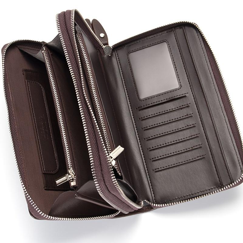 Men's Long PU Leather Clutch, Large Capacity Business Double Zipper Card Holder Cell Phone Tote, Convenient for Daily Use