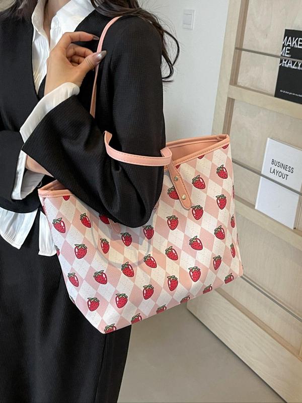 Strawberry Pattern Tote Bag, Large Capacity Shoulder Bag for Women & Girls, Pu Leather Daily Commuting Bag, Girl Fashionable Shopping Bag