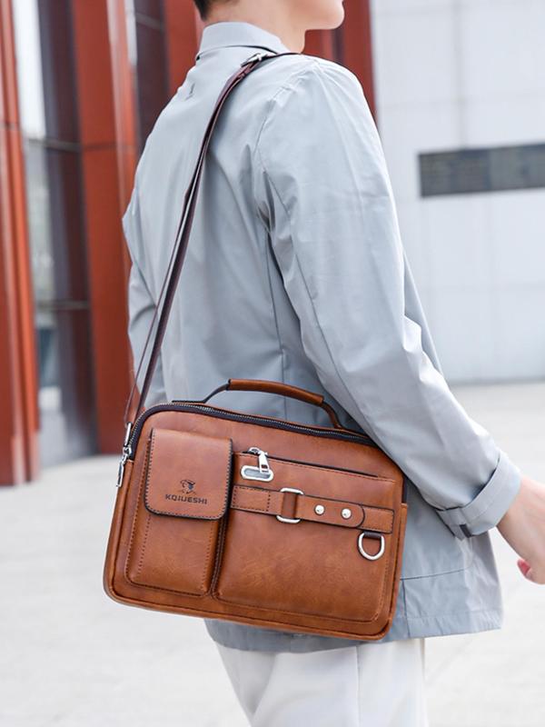 Men's Casual Solid Color Zipper Crossbody Bag, Business Style PU Leather Shoulder Bag for Work & Daily Used, Casual Trendy Versatile High-quality Daily Commuting Bag