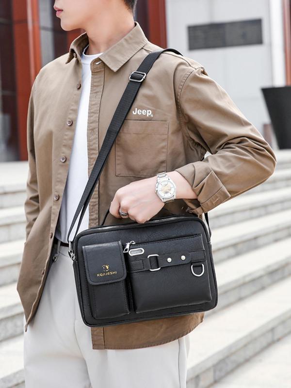 Men's Casual Solid Color Zipper Crossbody Bag, Business Style PU Leather Shoulder Bag for Work & Daily Used, Casual Trendy Versatile High-quality Daily Commuting Bag