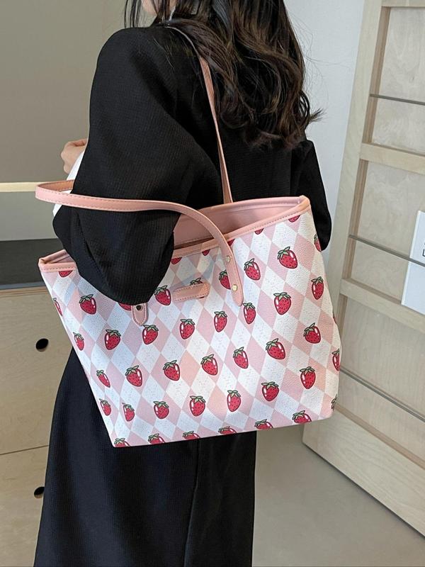 Strawberry Pattern Tote Bag, Large Capacity Shoulder Bag for Women & Girls, Pu Leather Daily Commuting Bag, Girl Fashionable Shopping Bag