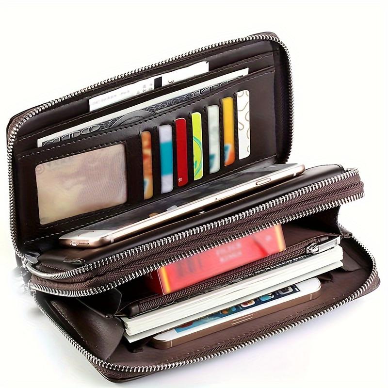 Men's Long PU Leather Clutch, Large Capacity Business Double Zipper Card Holder Cell Phone Tote, Convenient for Daily Use